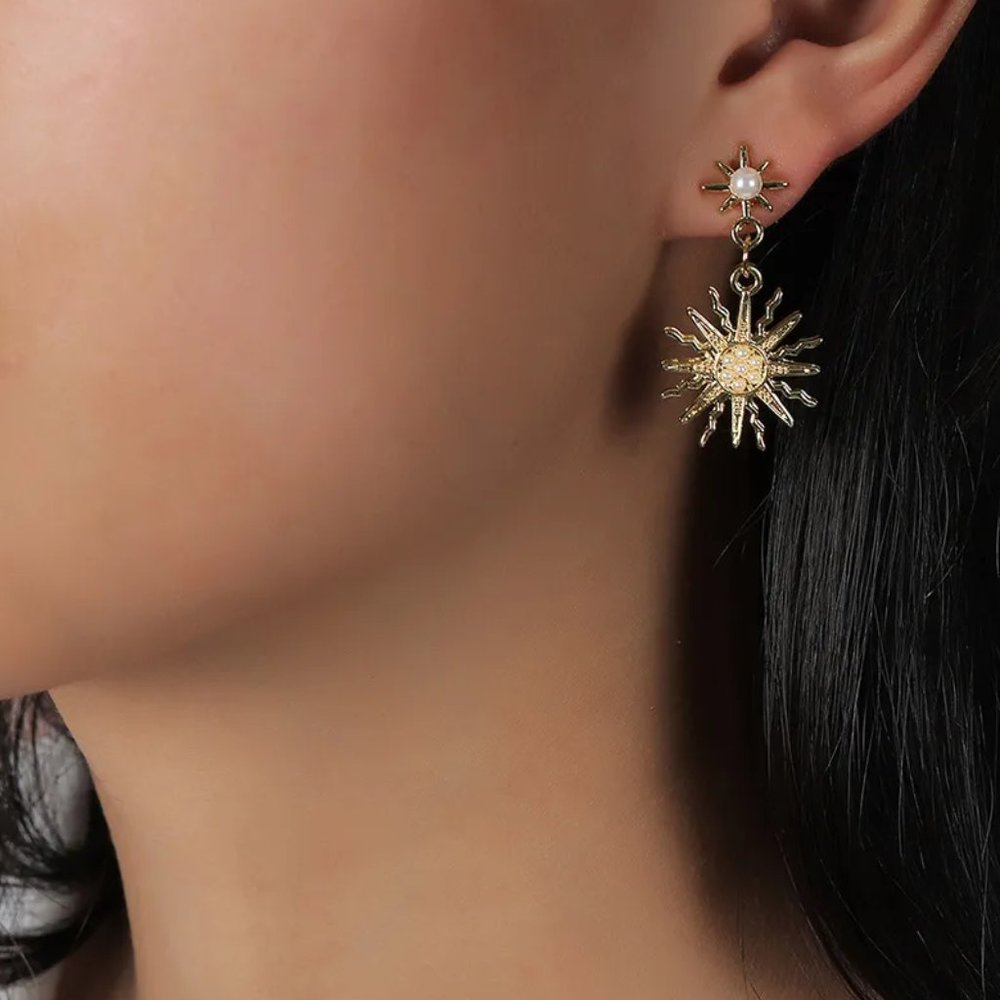 Blue & Gold Celestial Sun & Crescent Moon Pearl Beaded Dangle Earrings NEW - Picture 4 of 7